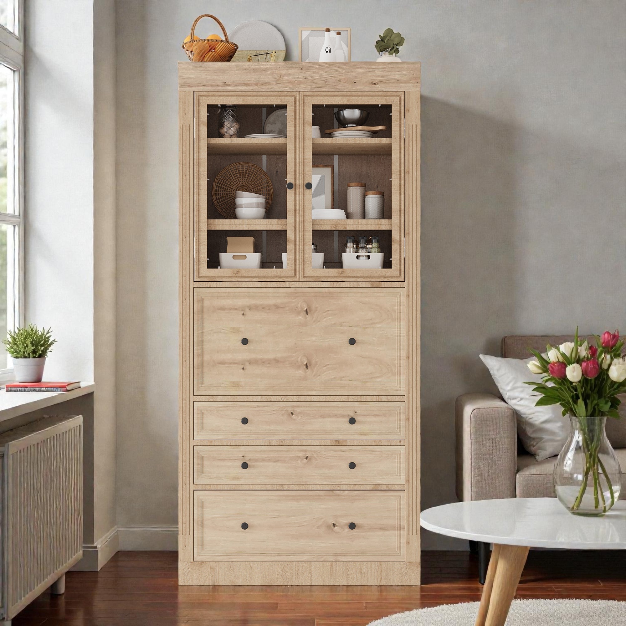 78" Freestanding Kitchen Pantry Cabinet with 3 Drawers, Glass Doors, Adjustable Shelves and Built-In Power Outlet