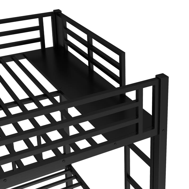 Space-Saving Metal Triple Bunk Bed with Safety Guardrails, Twin over Twin & Queen, Noise Reduced, Black