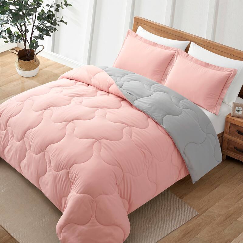 Lightweight Reversible Microfiber Down Alternative Comforter Set - Pink/Light Gray - King