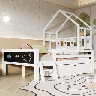 Full Size House Bed with Ladder, Storage Drawers, and 2 Blackboard Designs, No Box Spring Needed, White