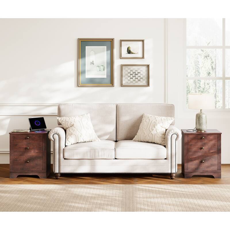 2 Drawer Wood End Table with Charging Station for Bedroom Living Room - Cherry - 2 Pack