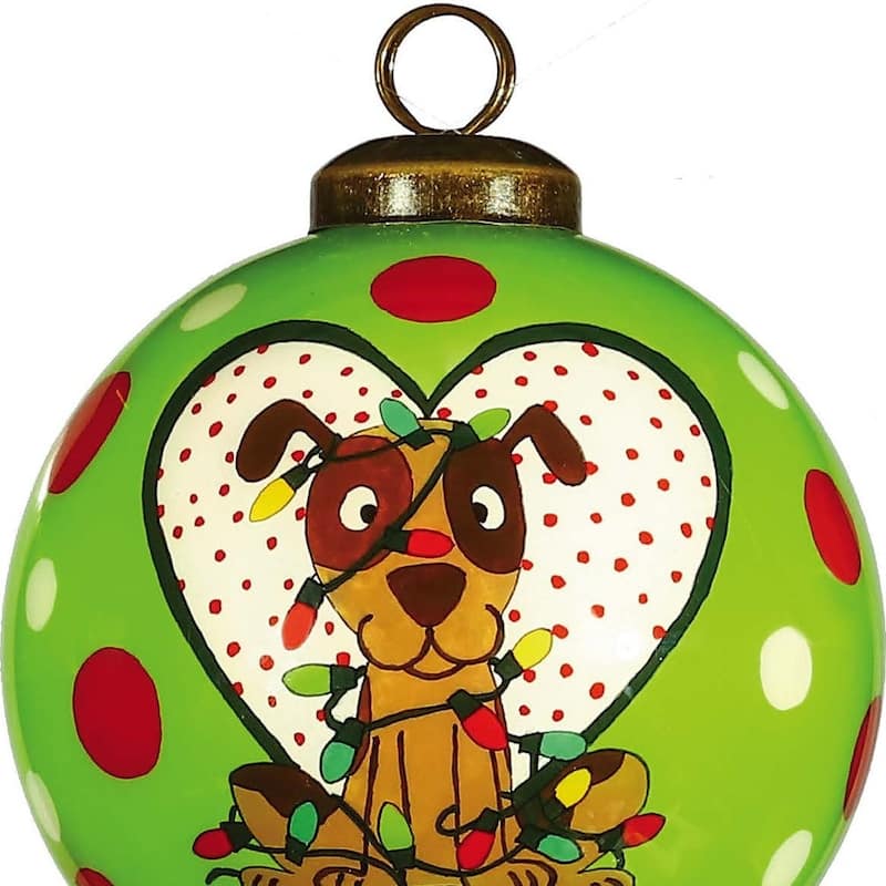 Charming Dog in a Heart Hand Painted Mouth Blown Glass Ornament - 3" x 3" x 3"