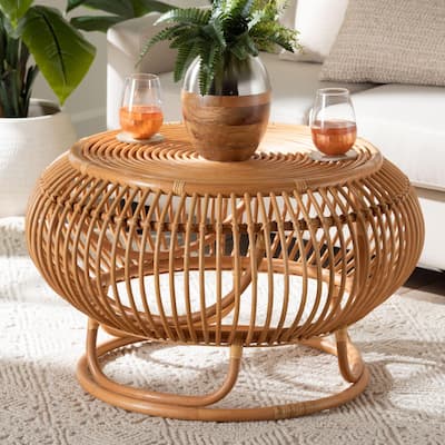 Adeola Round Lantern-Shaped Rattan Coffee Table - Handcrafted Coastal Boho Style Centerpiece for Living Room, Den, or Sunroom