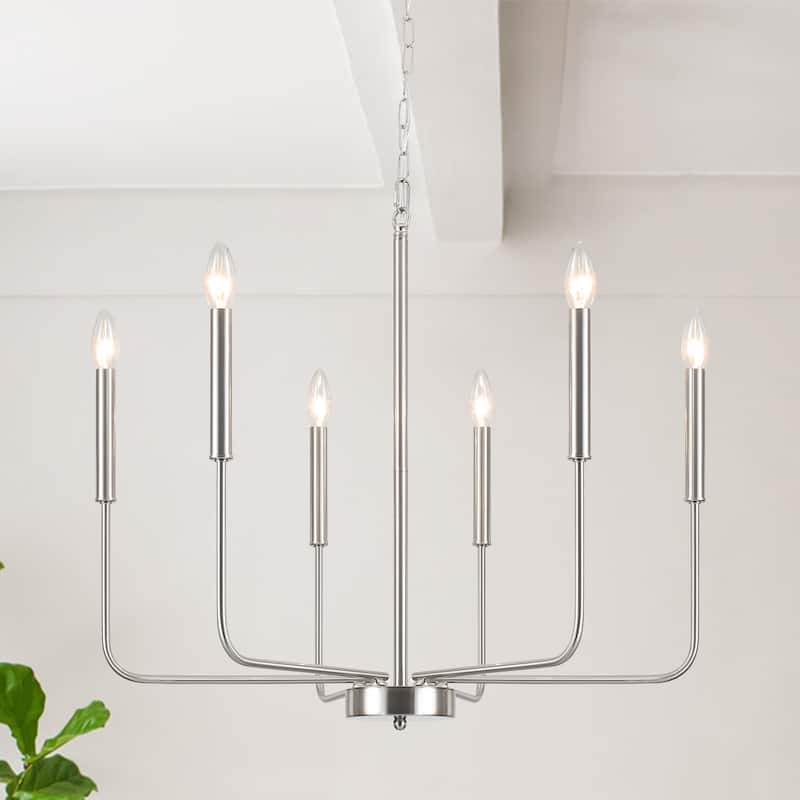 6-Light W26.18" x H66.92" Candle Chandelier for Living Room Kitchen Island - Nickel