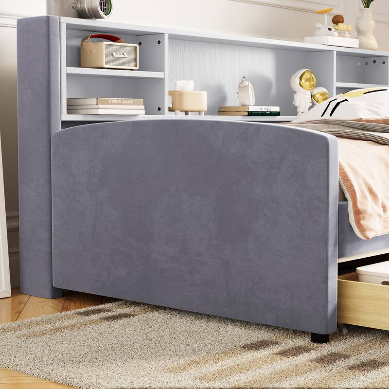 Twin Velvet Upholstered Bed Frame with Storage Drawers and Built-In Shelf, Platform Design with Plush Headboard