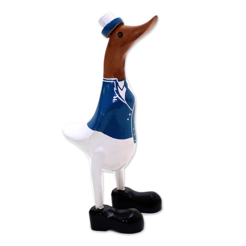 Novica Handmade Captain Duck In Blue Bamboo Root And Wood Sculpture - Blue