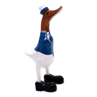 Novica Handmade Captain Duck In Blue Bamboo Root And Wood Sculpture