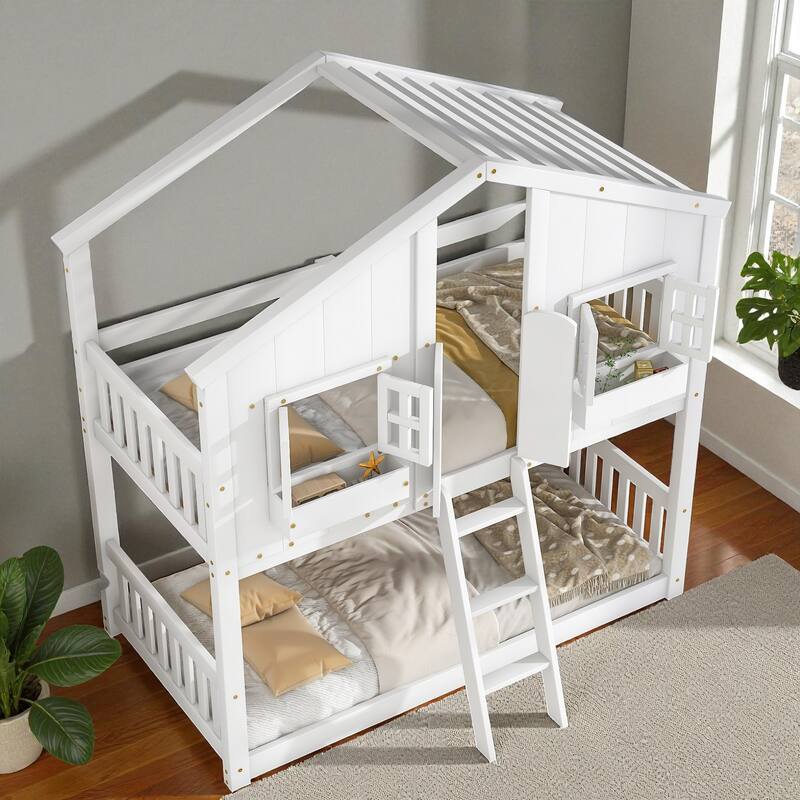 Twin Over Twin Wooden House Bunk Bed with Roof, Windows, Door, and Ladder, Kids Playhouse Bed with Guardrails
