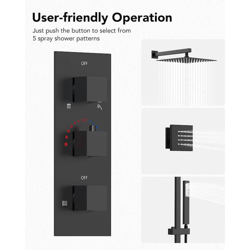 Thermostatic Shower System 12" High-Pressure Rainfall Shower Head with Slide Bar Hand Shower