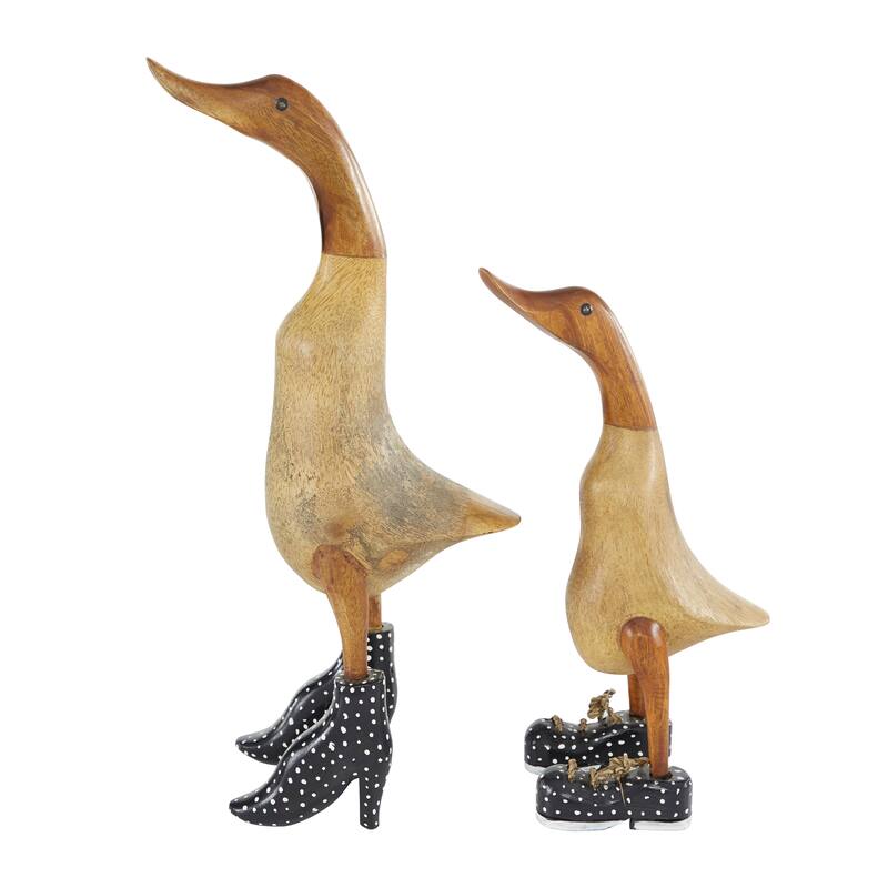 Bamboo Brown Wood Duck Decorative Sculpture - Set of 2 White or Black - Roche River Decor