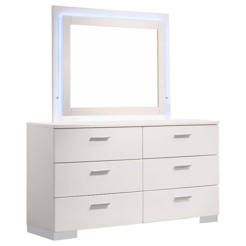 6-Drawer White High Gloss Dresser with LED Mirror, Sleek Modern Style, Spacious Storage, and Smooth Glide Drawers