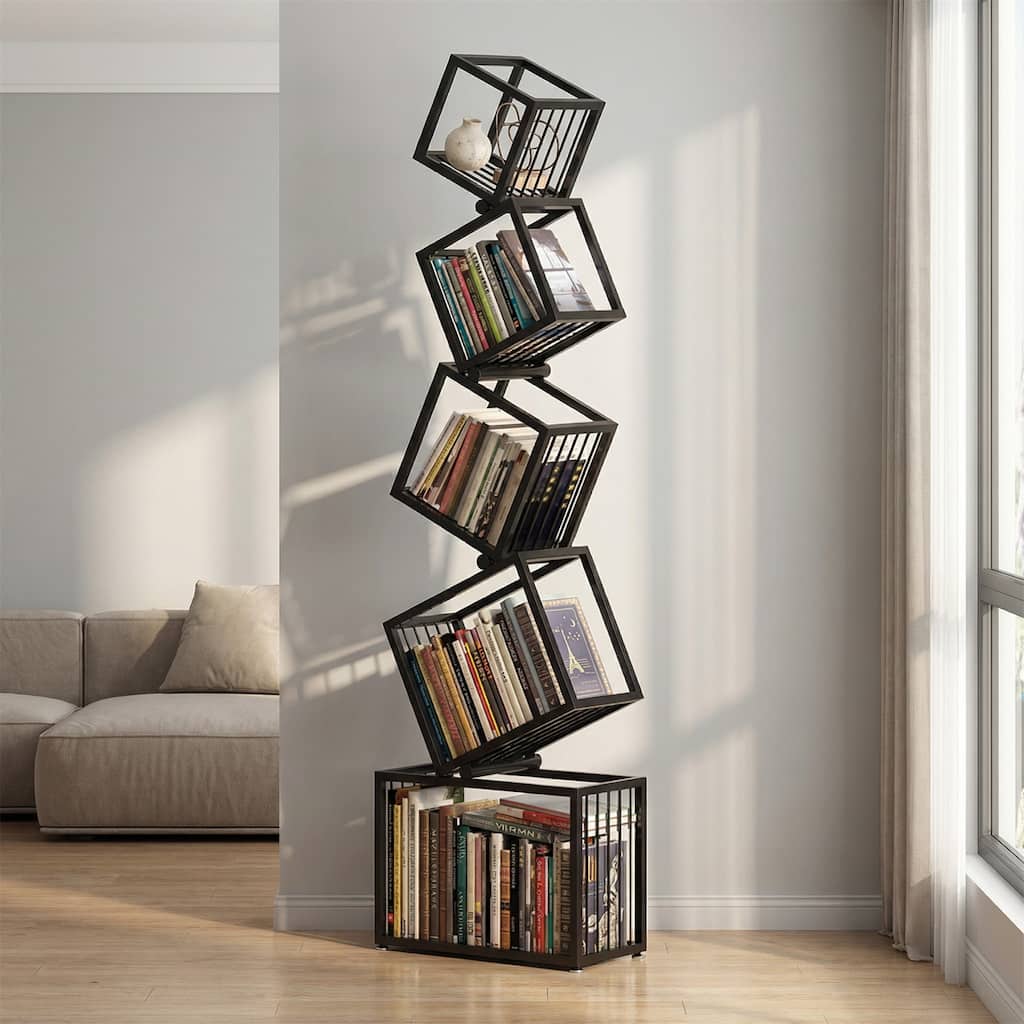 Freestanding Floor Shelf for Living Room, Black Open Grid Storage Rack