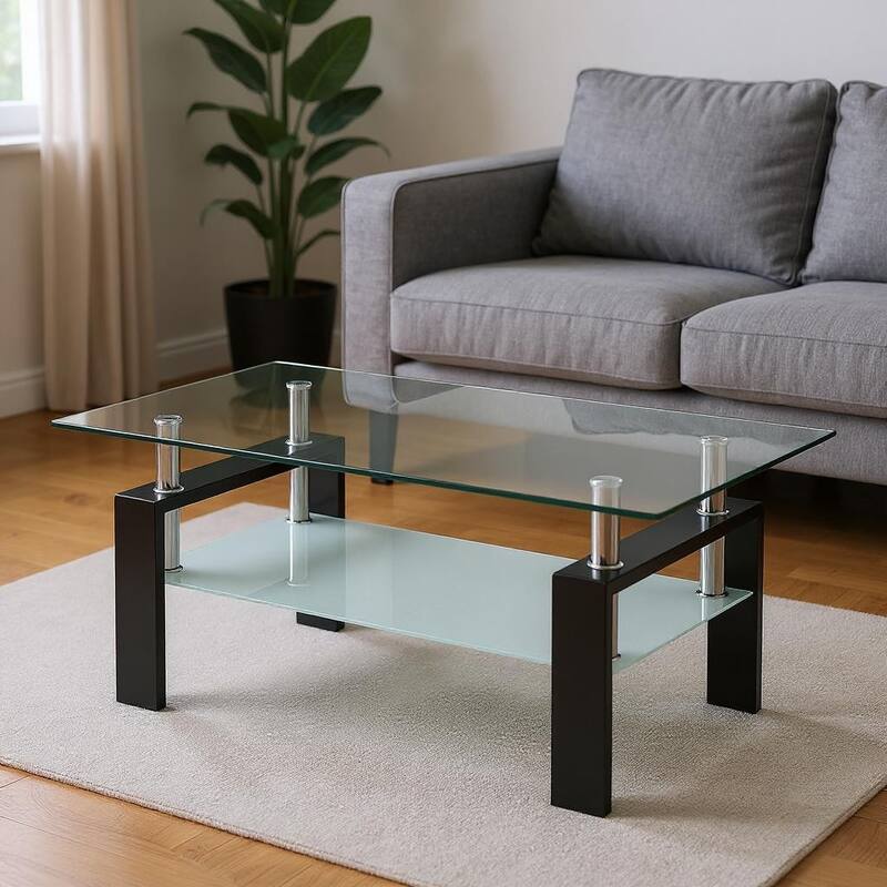 HomeRoots 39" Clear and Black Glass and Steel Coffee Table With Shelf - 39.37 in. x 17.32 in. x 23.62 in. - Clear