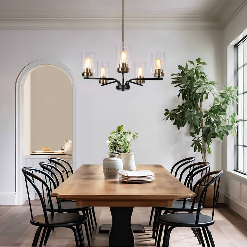 Modern Farmhouse 5-Light Black Gold Cylindrical Seeded Glass Shade Chandelier Wheel Pendant Lights for Dining Room - 24"D