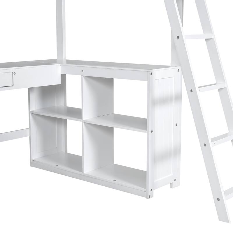 Roomfitters Twin/Full Loft Bed with U-Shaped Desk, Open Shelves and Compact Storage System