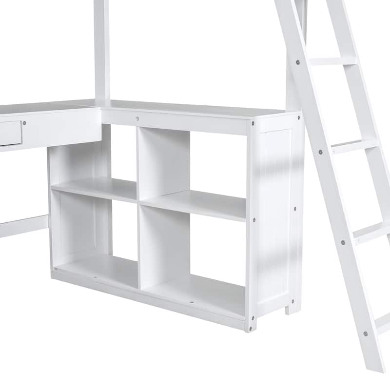 White Twin Size Solid Wood Loft Bed with Desk, Blackboard, and Storage