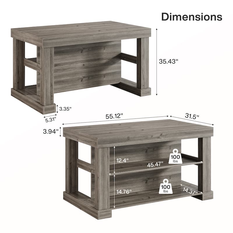 55-Inch Stationary Kitchen Island with Seating and Storage Shelves & Large Worktop, Farmhouse Style - 31.5"D x 55.12"W x 35.43"H