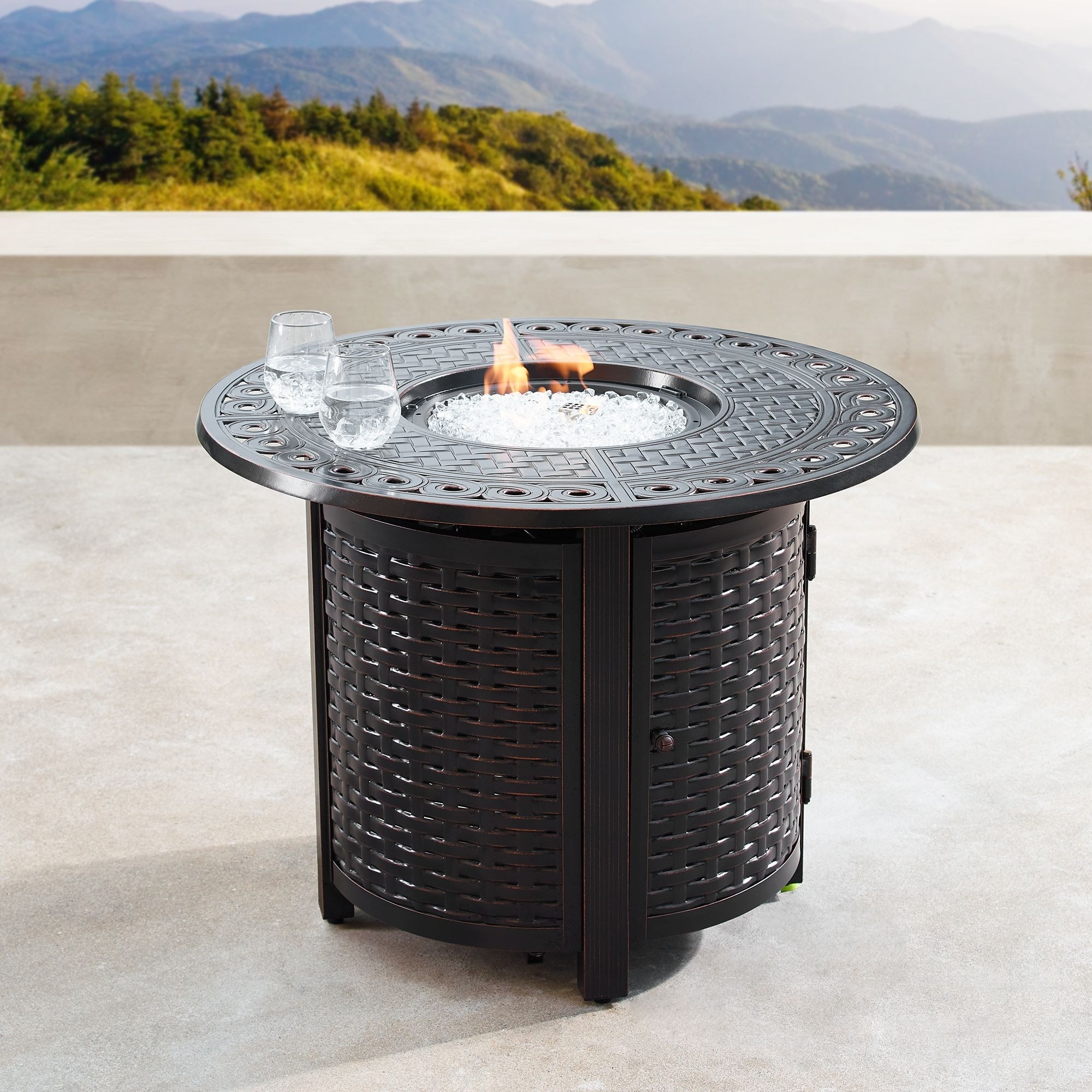 34" Black Round Propane Outdoor Fire Table with Fire Beads