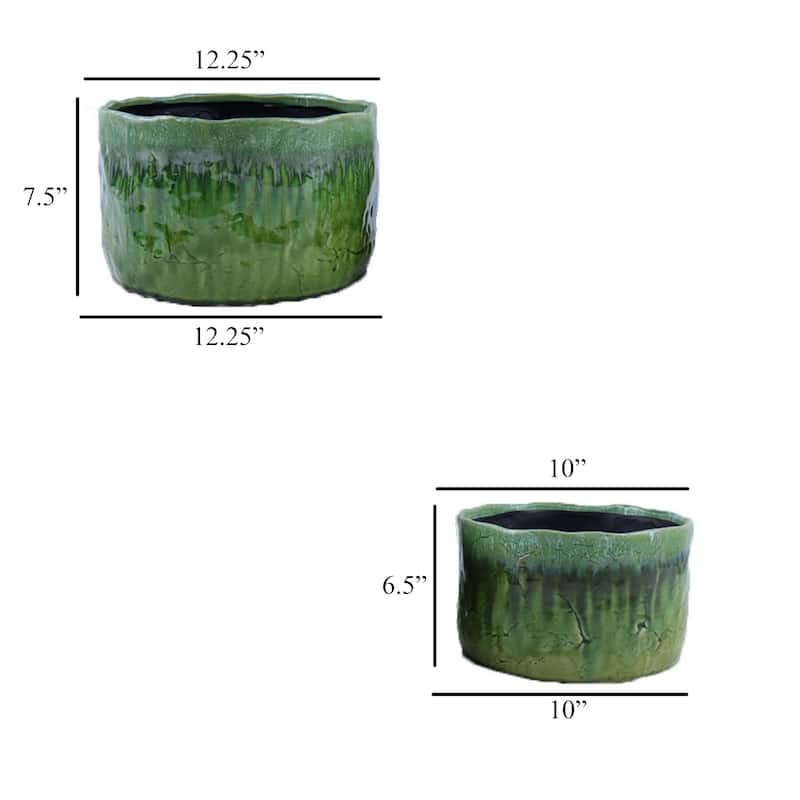 Foy Wide Planter Set of 2, Two Tone Green Ceramic, Round, Modern Style