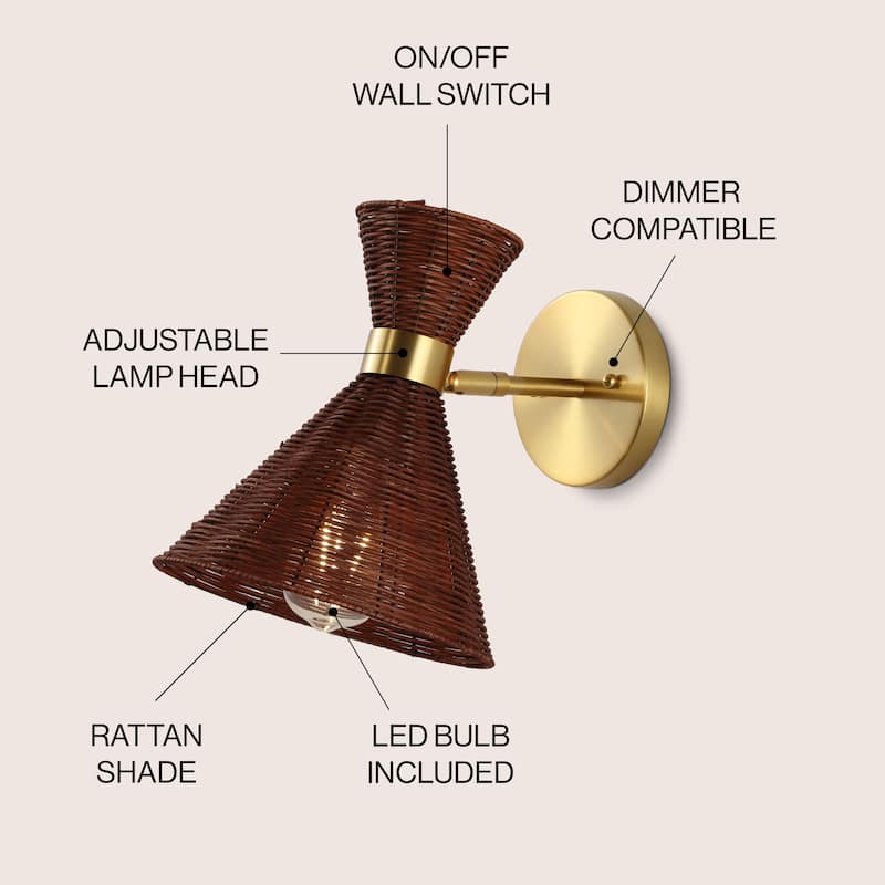 Kiawah 10" 1-Light Mid-Century Vintage Retro Rattan/Metal LED Sconce with Adjustable Shade, by JONATHAN Y