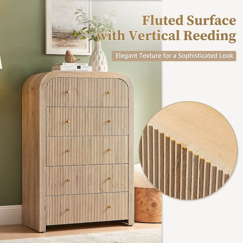 Modern Fluted 5 Drawers Dresser, Wood Chest of Drawers for Bedroom
