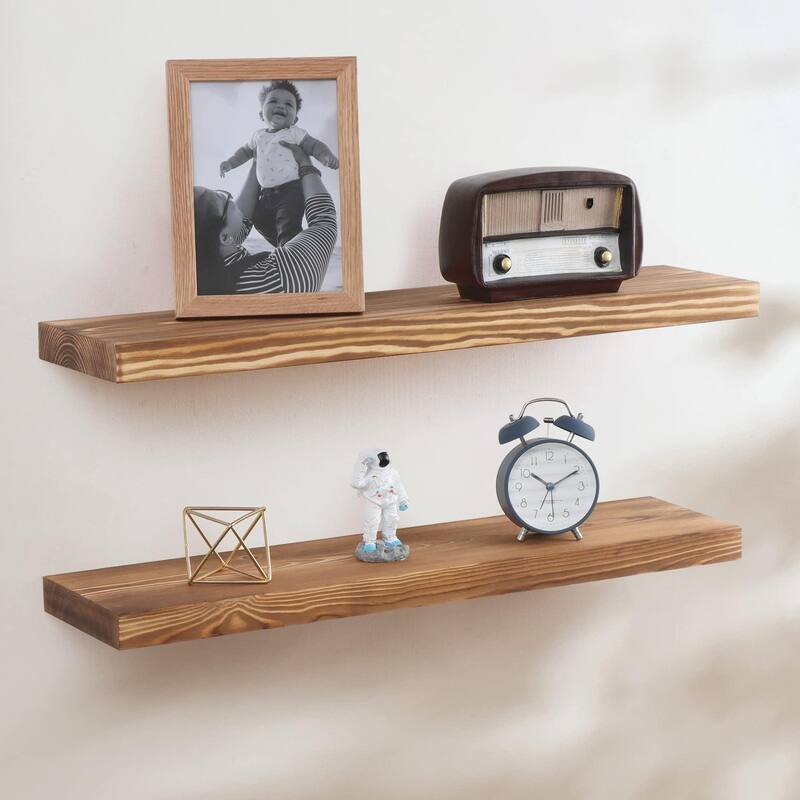 Handcrafted European Pine Natural Rustic Wooden Floating Shelves Wall Mounted Set of 2 - 24Inch - Walnut