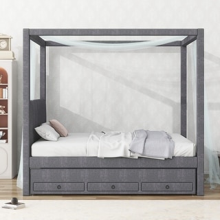Full Size Upholstery Wood Platform Bed with Trundle,Canopy Bed with Drawers