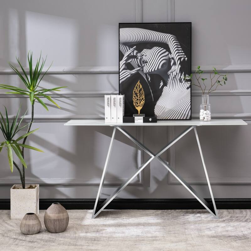White Tempered Glass Sofa Console Table with Mirrored M Shape Base - Silver