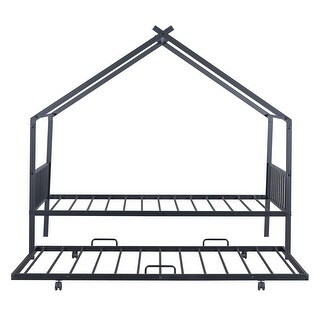 Twin Size Metal House Bed with Twin Trundle & Slats, Kids Bed Frame with Headboard and Footboard, for Kids, Girls, Boys, Black