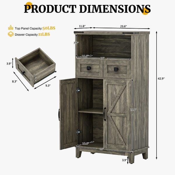 dimension image slide 1 of 3, EROMMY Farmhouse Storage Cabinet with Doors and Adjustable Shelves, Small Freestanding Floor Cabinet , Narrow Organizer