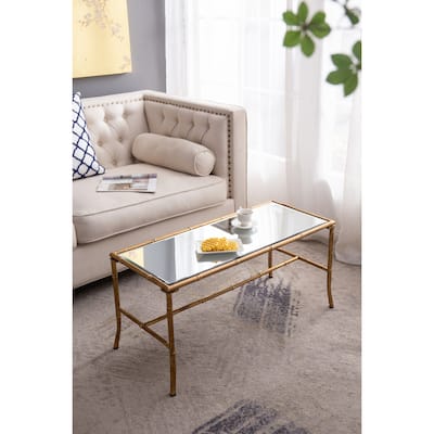 Vintage Coffee Table with Rectangular Glass Top, Bamboo Frame and Antique Gold Finish, for Living Room