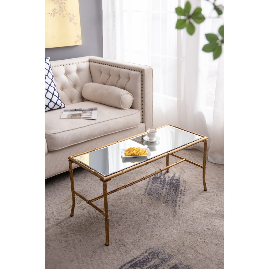 Vintage Coffee Table with Rectangular Glass Top, Bamboo Frame and Antique Gold Finish, for Living Room