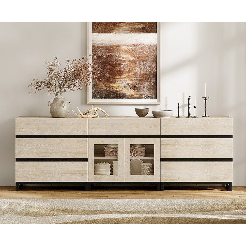 WAMPAT 3 in 1 Sideboard Buffet Cabinets with Glass Doors and 7 Drawers, Coffee Bar Cabinet Storage Cabinet for Kitchen