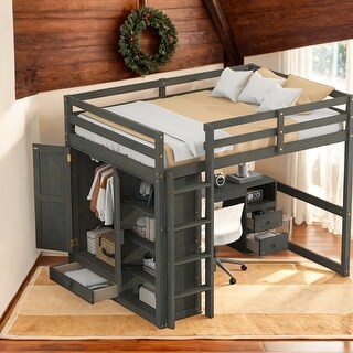 Wood Full Size Loft Bed with Built-in Wardrobe,Desk,Storage Shelves and Drawers