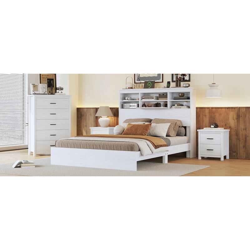 Vintage Queen Bed with Storage Headboard, USB Ports, and Charging Station