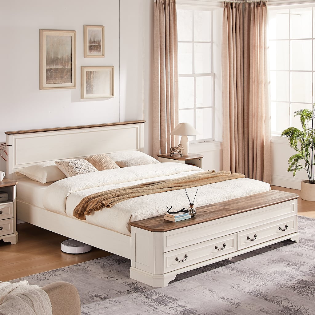 Farmhouse Bed Frame w/ Headboard & Storage Bench, Wood Platform Bed