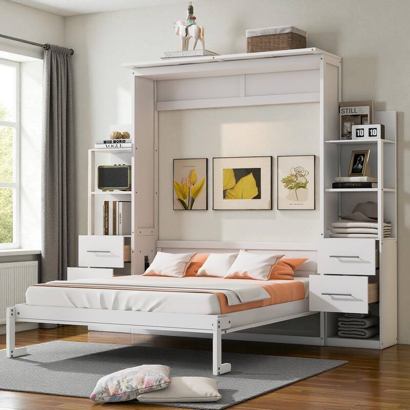 Queen Size Murphy Wall Bed with Shelves, Drawers and LED Lights, Space-Saving Foldable Bed for Guest Room or Home Office - White - Queen