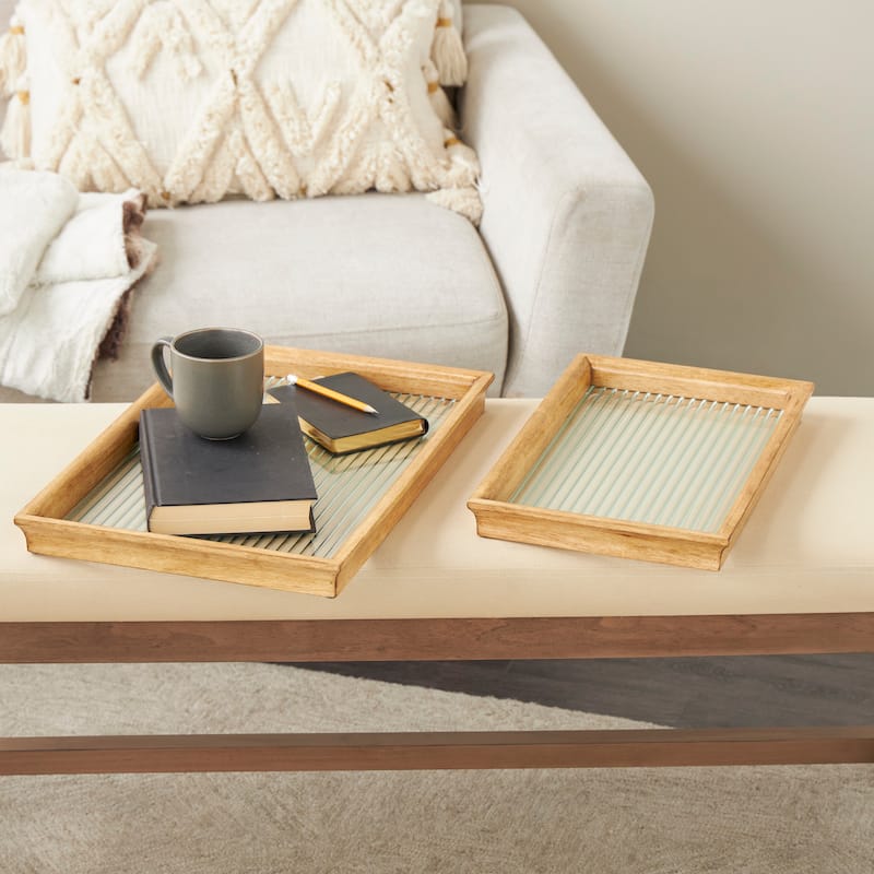 Brown Wood Nesting Living Room Decor Tray with Fluted Glass Bases (Set of 2) - Brown