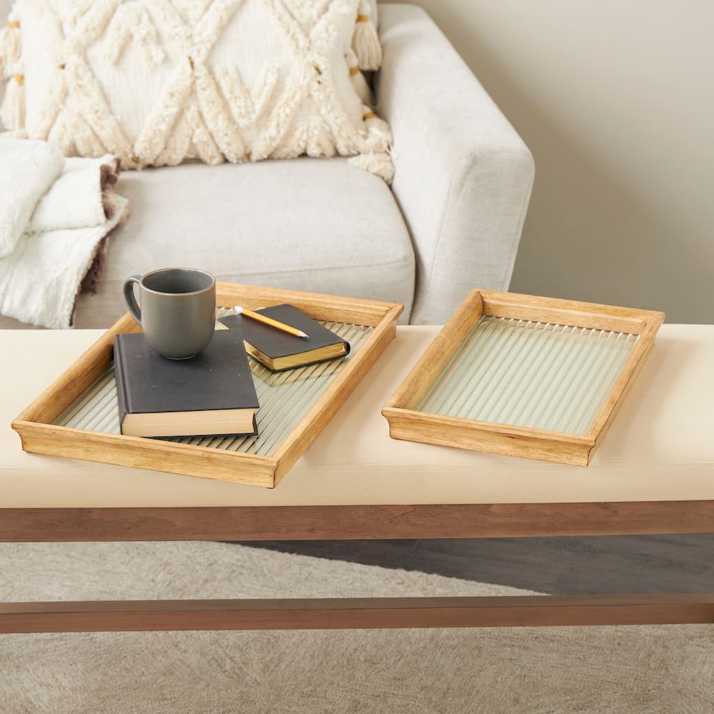 Brown Wood Nesting Living Room Decor Tray with Fluted Glass Bases (Set of 2)