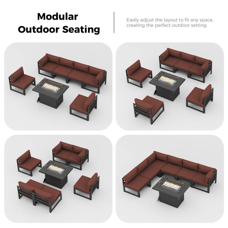 7 Piece Aluminum Patio Furniture Set with Fire Pit Propane/Natural Gas, 29 inch Deep Wide Seat Aluminum Outdoor Sectional