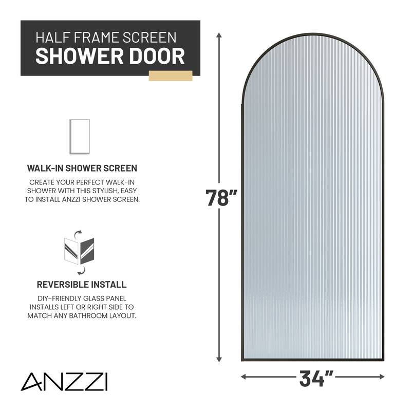 Ember Series 34 in. W x 78 in. H Fixed Framed Shower Door in Black, Gold or Nickel Finish with Clear or Fluted Glass