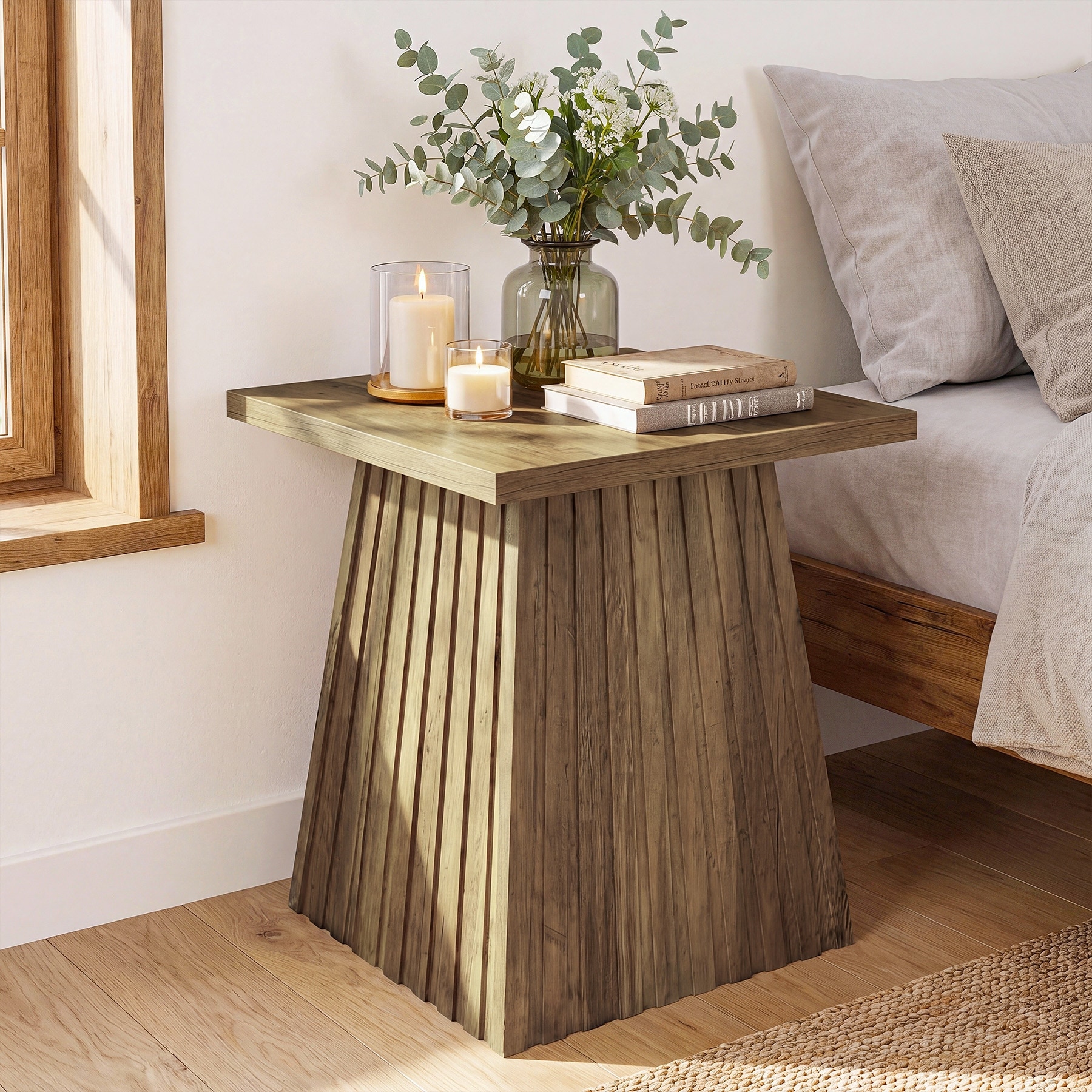 Square End Table with Fluted Pedestal Base, Modern Rustic Accent Table, Rustic Brown