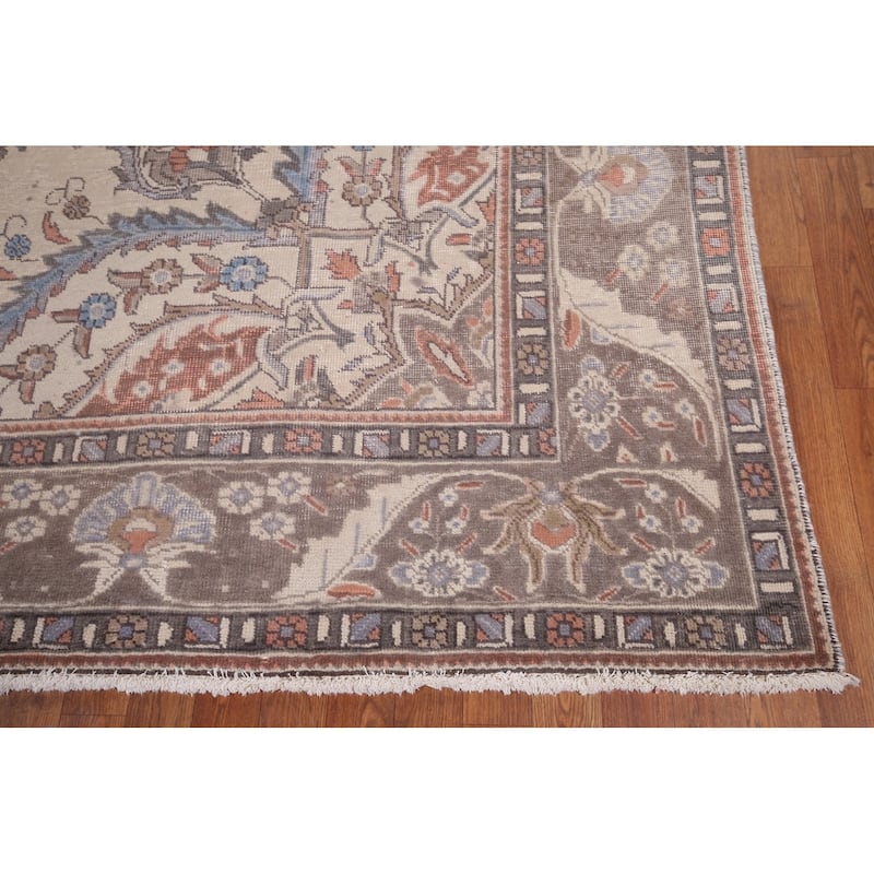Beige Tabriz Vintage Persian Area Rug Handmade Wool Carpet - 9'6" x 12'7"