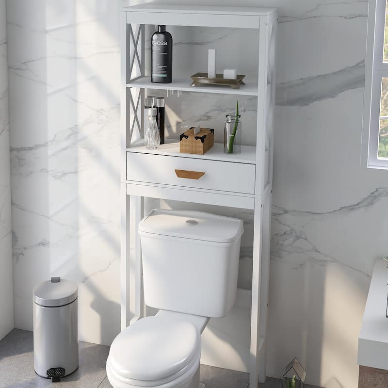 Over-The-Toilet Storage Cabinet White With One Drawer And 2 Shelves Space Saver Bathroom Rack
