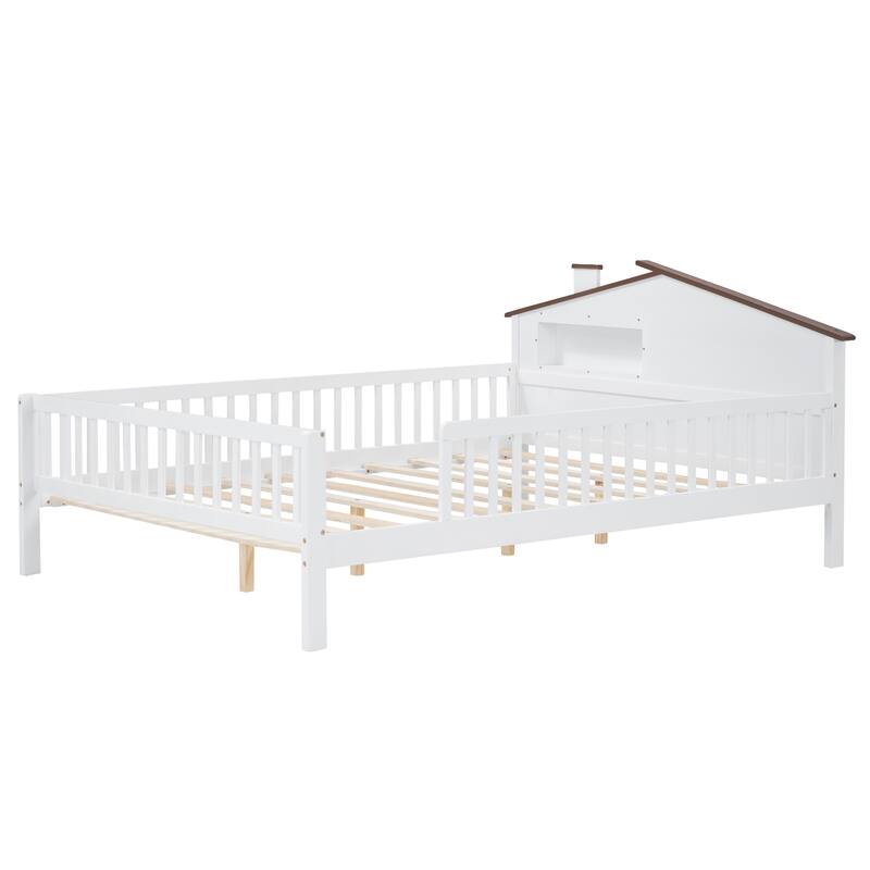 Twin/Full Size Wood Platform Bed with House-Shaped Headboard, LED Light, and Built-in Storage for Children's Bedrooms