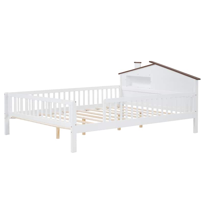 Wood Platform Bed with House-shaped Headboard, LED and Built-in Storage