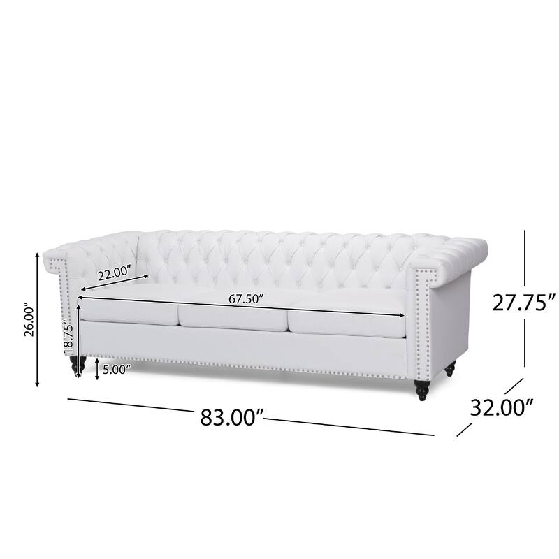 Chis Sofa, Deep Chesterfield Tufted White Faux Leather, 83 Inch