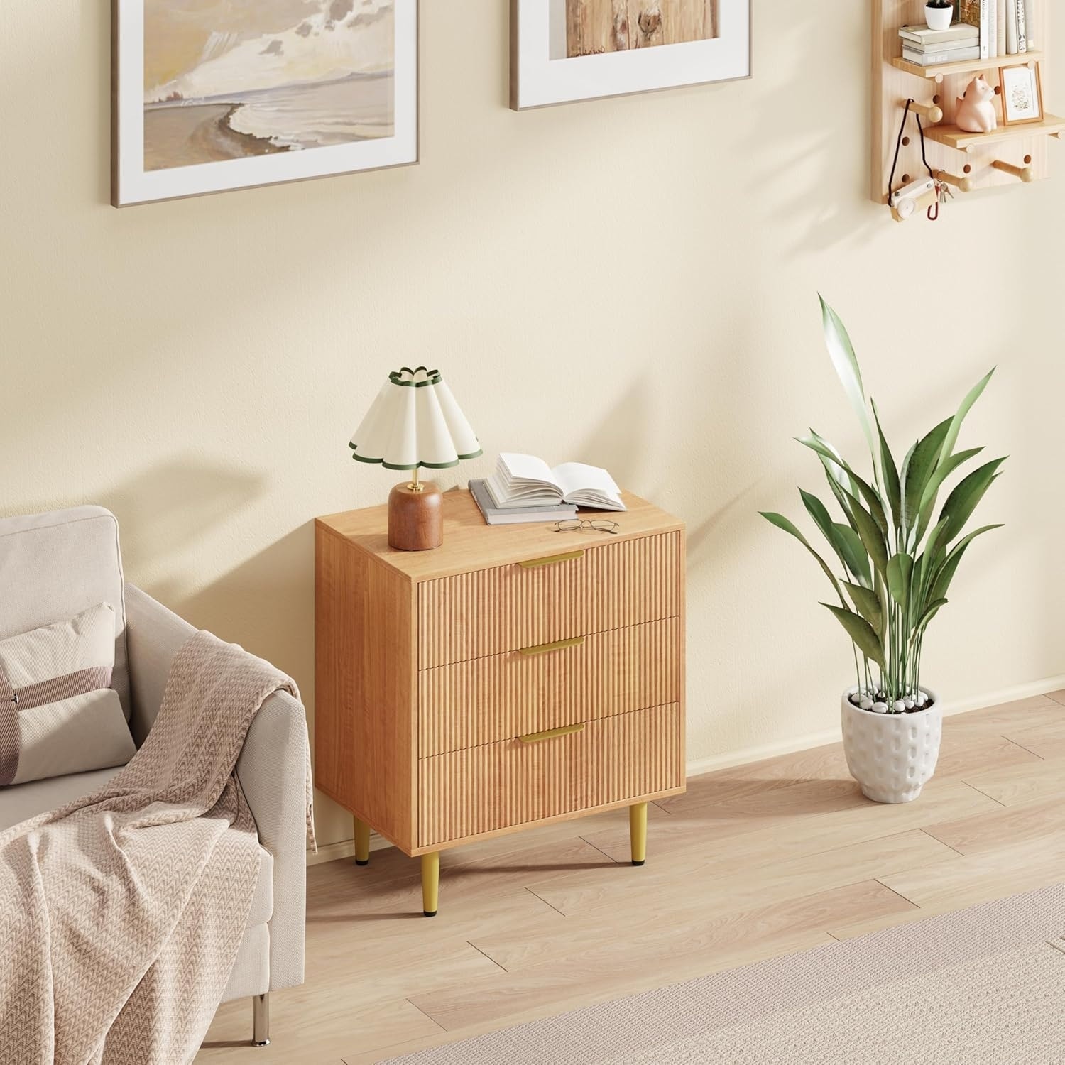 Modern Natural Wood Color Fluted Dresser, Wooden Chest with Gold Metal Handles & Legs