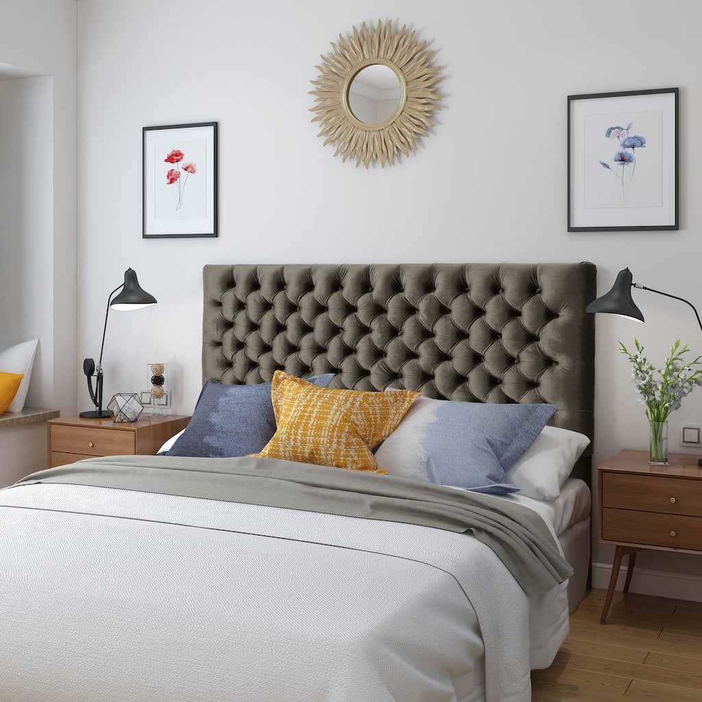 Tufted Upholstered Queen Size Bed Headboard with Adjustable Solid Wood and Metal Legs