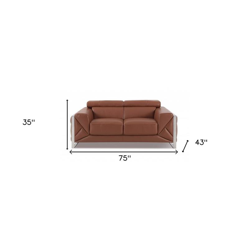 HomeRoots 75" Camel And Silver Italian Leather Loveseat